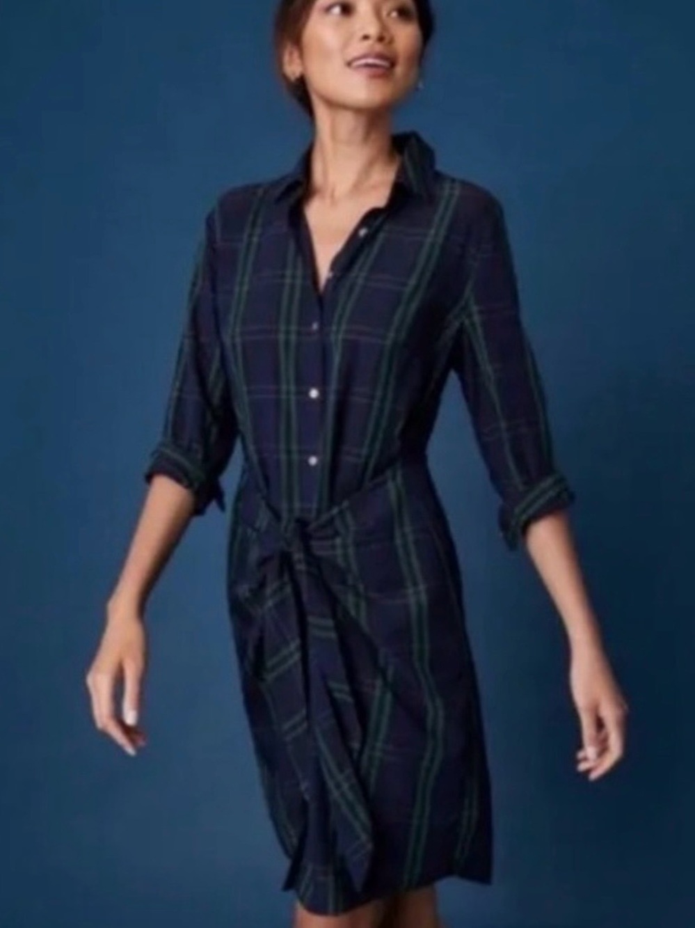 UNTUCKit Devon Plaid Button-Front Shirt Dress in Navy and Green
